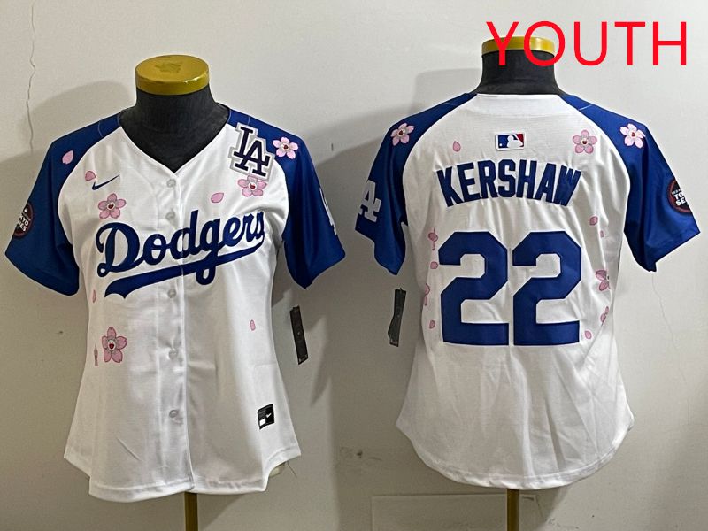 Youth Los Angeles Dodgers #22 Kershaw White Blue Sakura Edition 2025 Nike MLB Jersey style 8->youth mlb jersey->Youth Jersey